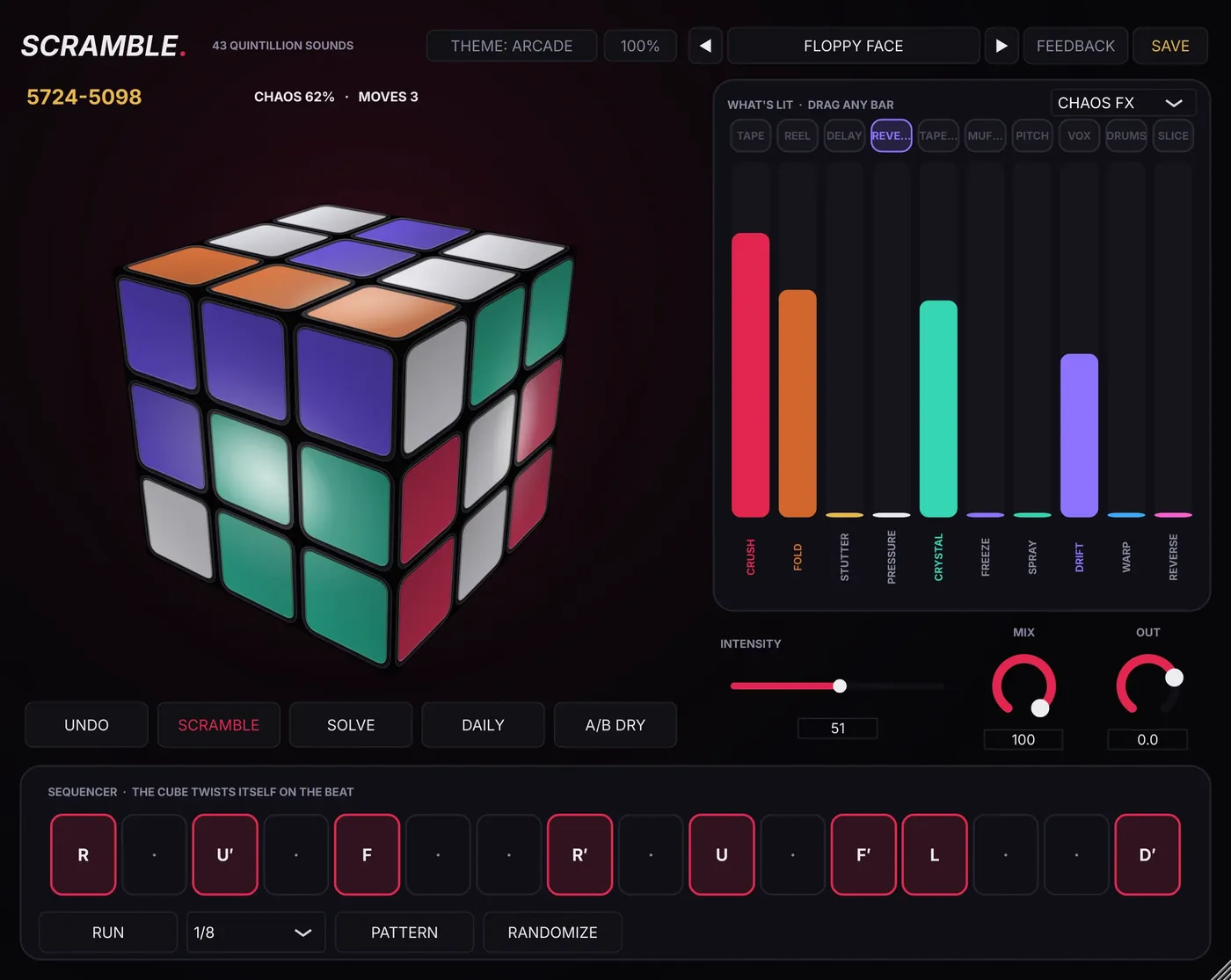 The SCRAMBLE plugin: a 3D cube beside effect bars, mix controls and a 16-step sequencer